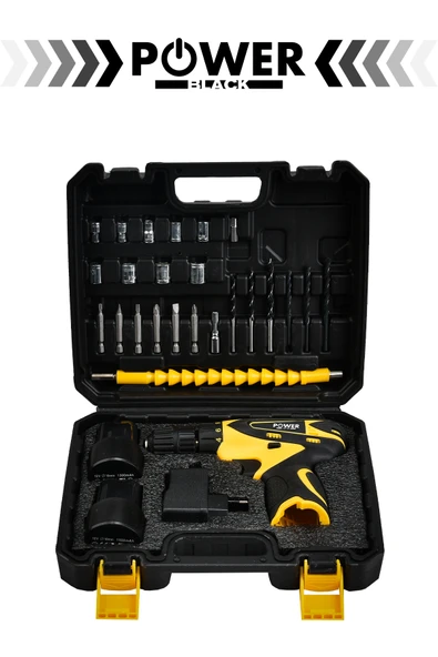 POWER BLACK Şarjlı Matkap 24v 4ah Lion Armut Batarya Metal Şanzuman Çift Akülü Vidalama 24 Parça Set Sarı - Resim 2