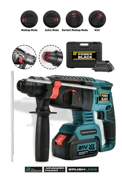 POWER BLACK Bakır Sargılı Kömürsüz Motor Darbeli Çift Akülü Şarjlı Kırıcı Delici 2-26 Mm Hilti 21 V ürün görseli 1