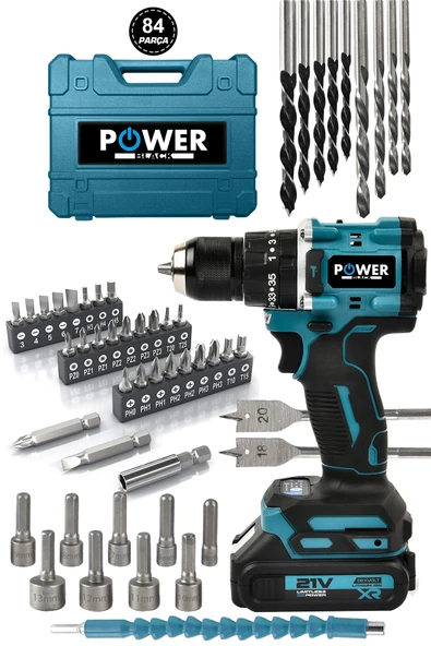 POWER BLACK 21v Çelik Mandren Kömürsüz Motor Darbeli Şarjlı Matkap Vidalama Mavi 84 PARÇA ürün görseli 1