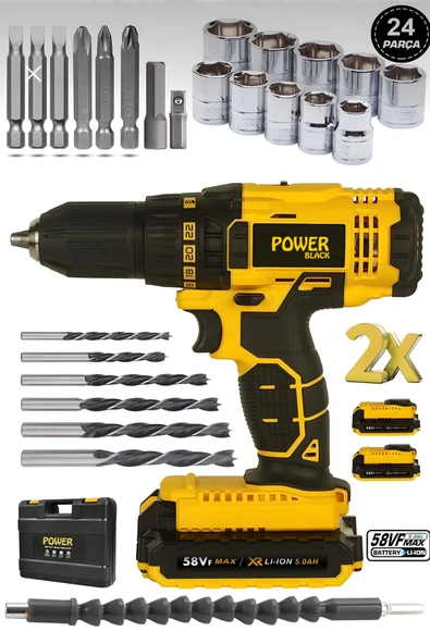 POWER BLACK Germany 58vf 5 Ah Metal Şanzıman Çift Akülü Şarjlı Matkap 24 Parça Akülü Vidalama Set 0-ş36-01 ürün görseli 1