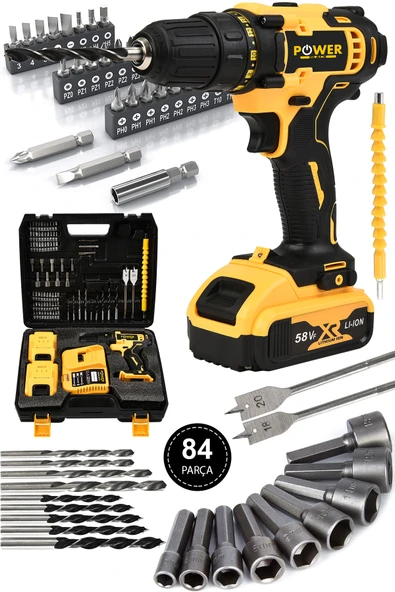 POWER BLACK 58 Vf 5 Ah Metal Şanzıman Çift Akülü Şarjlı Matkap 84 Parça Akülü Vidalama Set SARI ürün görseli 1