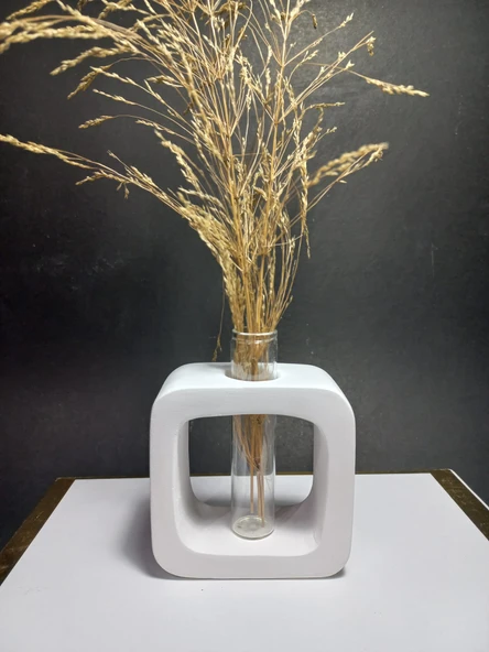 Minimal Vazo, Cam Tüplü ( Kare Model ) Dekoratif Beyaz Vazo - Resim 5