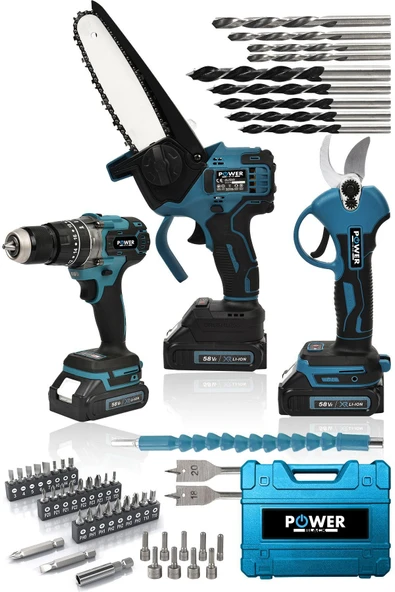 POWER BLACK GERMANYPROFESYONEL 2Akülü3LÜ SET Şarjlı Dal Ağaç Kesme Testere + Bağ Budama Makası + Akülü Vidalama ürün görseli 1