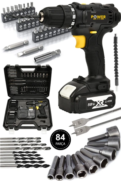 POWER BLACK 58 Vf 5 Ah Metal Şanzıman Çift Akülü Şarjlı Matkap 84 Parça Akülü Vidalama Set SARI ürün görseli 1