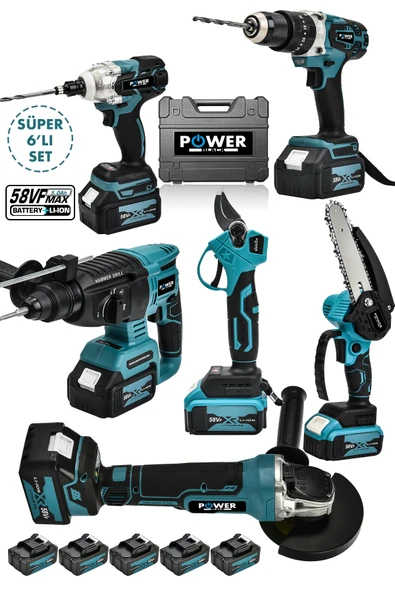 POWER BLACK Profesyonel Brushless 6'lı Set Şarjlı Hilti Şarjlı Taşlama Şarjlı Darbeli Matkap Makas Testere - Resim 2