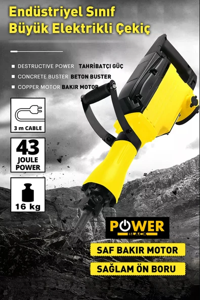 POWER BLACK Ağır Hizmet Kırıcı 16 Kg 68 Joule Çantalı Sivri Yassı Keski Hediyeli Sjs Metal Şanzıman Tam Prof - Resim 3
