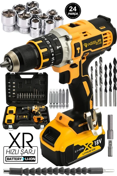 ASSUR PLUS Darbeli Matkap 58vf 5ah Sjs Çift Metal Şanzuman Çift Akülü Şarjlı Darbeli Matkap 24 Parça Set ürün görseli 1