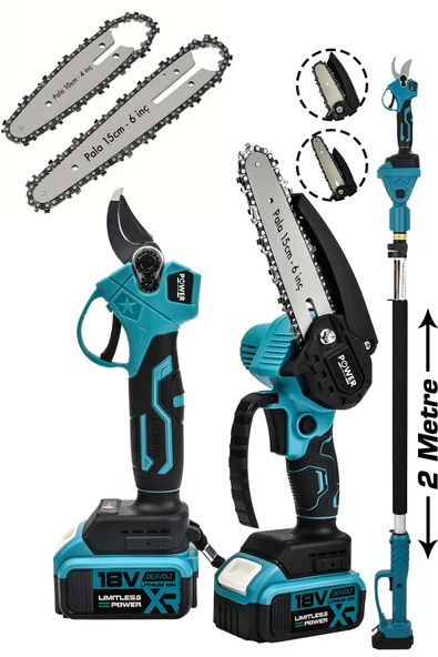 POWER BLACK Germanyy 18 Vf 2 Akülü 2 Li Set Şarjlı Ağaç Dal Kesme Ve Budama Makası Testere Teleskopik Uzatmalı ürün görseli 1