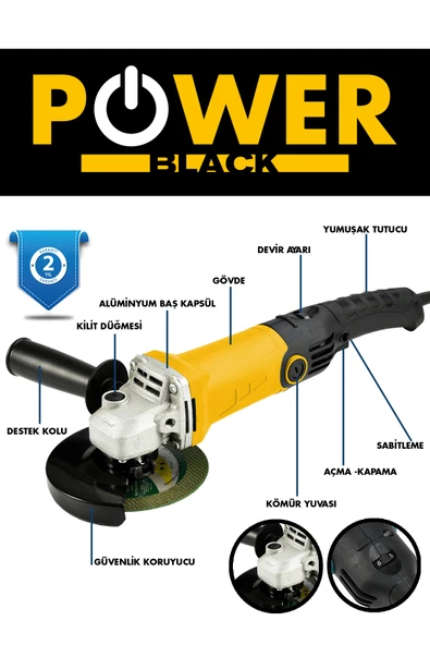 POWER BLACK Avuç Içi Taşlama Makinası 6 Kademeli Uzun Kuyruk Devir Ayarlı 125 Mm Sarı POWER BLACK - Resim 2