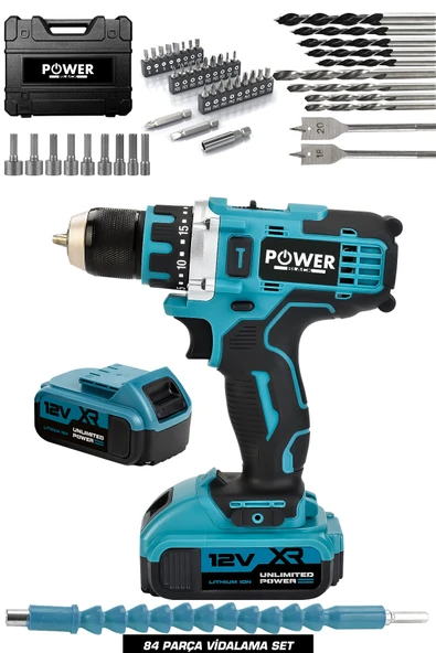 POWER BLACK Çelik Mandren Çift Akülü Darbesiz 82 Parça Set Hediyeli Şarjlı Matkap Mavi ürün görseli 1