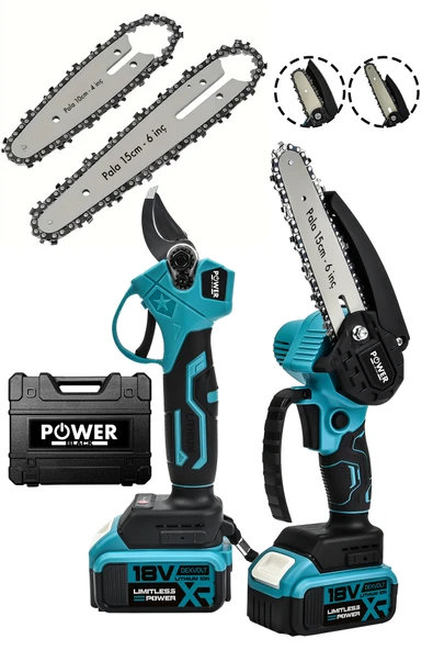 POWER BLACK Germany 2 Li Set 18v 1.5 Ah Çift Akülü Çelik Şanzıman Şarjlı Dal Budama Makası & Testeresi ürün görseli 1