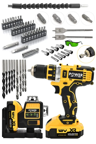 POWER BLACK 58 Vf 5 Ah Otomatik Hizalamalı Lazer Metre Yeşil Çizgili Lazer Hizalama & Şarjlı Matkap Vidalama ürün görseli 1