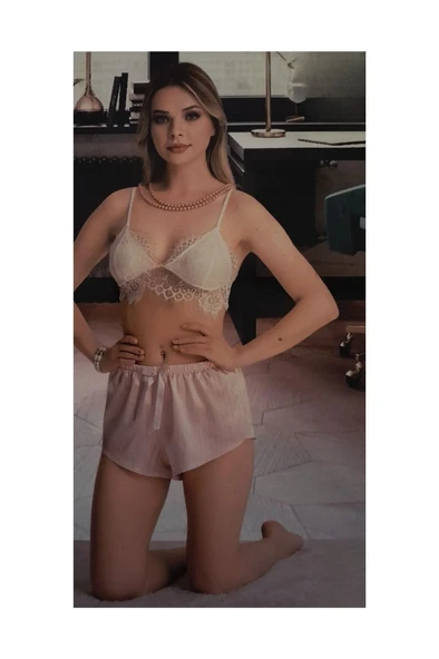 wMc Collection Dantelli Sütyen Şortlu Pembe Saten Gecelik ürün görseli 1