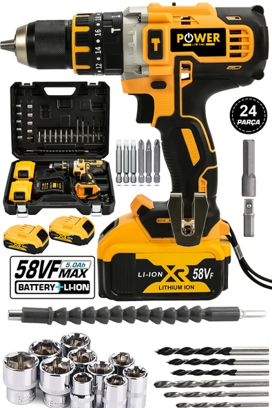 POWER BLACK 58 Vf 5ah Metal Şanzuman Çift Akülü Şarjlı Darbeli Matkap 24 Parça Akülü Vidalama ürün görseli 1