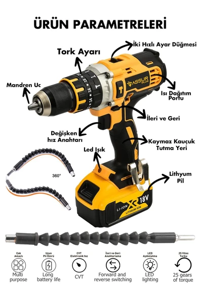 ASSUR PLUS Darbeli Matkap 58vf 5ah Sjs Çift Metal Şanzuman Çift Akülü Şarjlı Darbeli Matkap 24 Parça Set - Resim 2