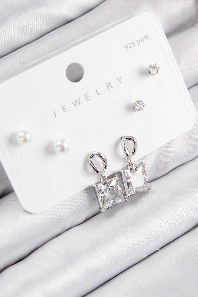 Pirinç Zirkon Taşlı Sallantılı Kare Model Gümüş Renk 925 Ayar Gümüş Çivi Kadın Küpe Set - TJ-BKP11161 ürün görseli 1