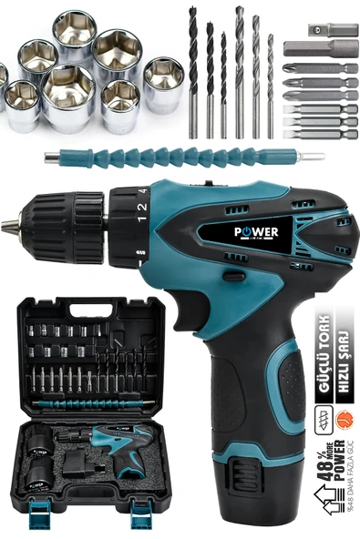 POWER BLACK Şarjlı Matkap Vidalama 24v 4ah Lion Armut Batarya Metal Şanzuman Çift Akülü Vidalama 24 Parça Set ürün görseli 1