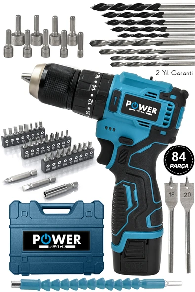 POWER BLACK POWER  BLACK  12v 1.5ah Metal Şanzıman 13mm Çelik Mandrenli KÖMÜRSÜZ  Matkap Akülü Vidalama 84 Parça ürün görseli 1