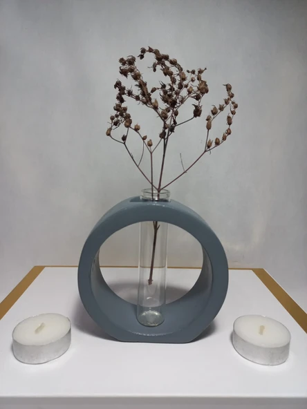 Dekoratif Vazo, Cam Tüplü,  ( Yuvarlak Model ) Gri aksesuar ürün görseli 1