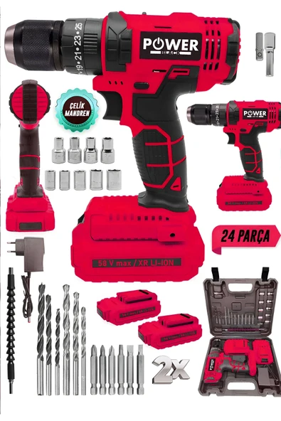 POWER BLACK Pro ultra güçlendirilmiş darbeli lazer kesim bakır sargılı 24 parça matkap seti kırmızı ürün görseli 1