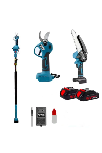 POWER BLACK 2'li Süper Set Çift Akülü Teleskopik Kollu Bağ Makası ve Budama Testeresi Makinesi ürün görseli 1