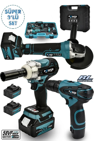 POWER BLACK Germany Profesyonel 3 Lü Set Şarjlı Taşlama Somun Şarjlı Matkap 21 V Tam Torklu ürün görseli 1