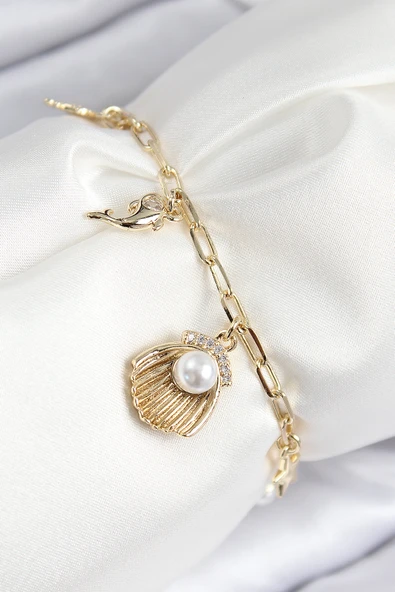 Pirinç Zirkon Taşlı İncili İstiridye Model Gold Renk Kadın Bileklik - TJ-BB7774 ürün görseli 1