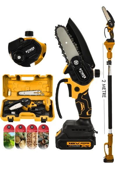 POWER BLACK OTOMATİK YAĞLAMALI YAĞ HAZNELİ 2 METRE TELESKOBİK SET TESTERE ÇİFT PALA ÇİFT ZİNCİR ürün görseli 1