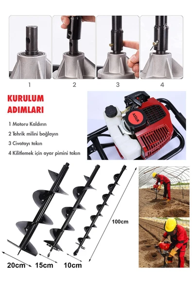 ASSUR Benzinli Toprak Burgu Makinesi 100 Mm 15 Cm Delme Ucu 1,6 Kw Motor Gücü Extra Güçlü - Resim 2
