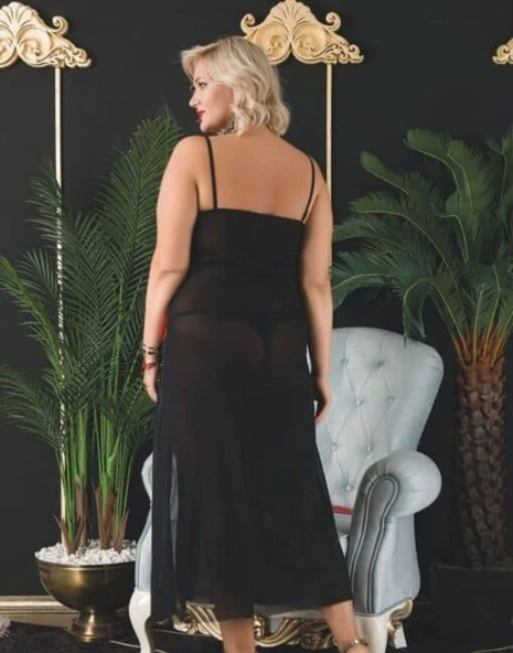 wMc Collection Büyük Beden Derin Yırtmaçlı Siyah Kırmızı Uzun Tül Gecelik - Resim 3