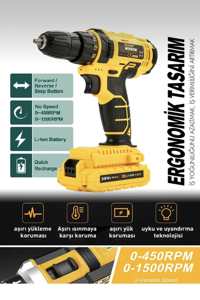 POWER BLACK Germany 58vf 5 Ah Metal Şanzıman Çift Akülü Şarjlı Matkap 24 Parça Akülü Vidalama Set 0-ş36-01 - Resim 4