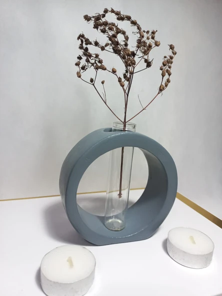 Dekoratif Vazo, Cam Tüplü,  ( Yuvarlak Model ) Gri aksesuar - Resim 2