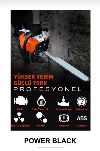 POWER BLACK Ekstra Güçlü 52cc 2.9 Hp 8000 Rpm Benzinli Ağaç Odun Dal Kesme Makinesi Motorlu Testere - Resim 4