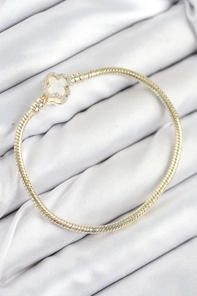 Pirinç Charm Zirkon Taşlı Yonca Model Gold Renk Kadın Bileklik - TJ-BB7805 ürün görseli 1