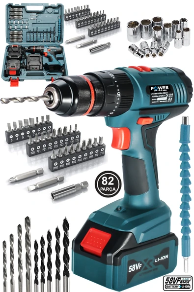 POWER BLACK 58 Vf 5ah Metal Şanzuman Kalın Batarya Çift Akülü Şarjlı Darbeli Matkap 82 Parça Akülü Vidalama ürün görseli 1