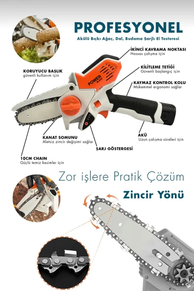 POWER BLACK Akülü Şarjlı El Testeresi Bıçkı Ağaç Kesme Dal Budama Turuncu M708 - Resim 5
