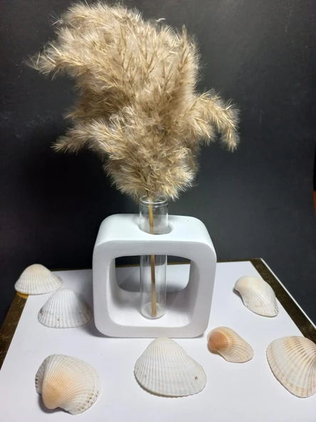 Minimal Vazo, Cam Tüplü ( Kare Model ) Dekoratif Beyaz Vazo - Resim 3