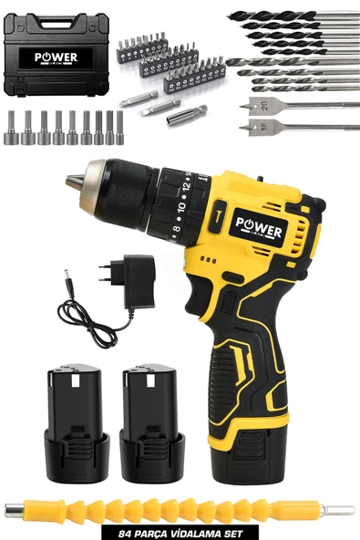 POWER BLACK DARBELİ 2 VİTESLİ KÖMÜRSÜZ 84 PARÇALI AKÜLÜ 12 V  ÇANTALI MATKAP ürün görseli 1