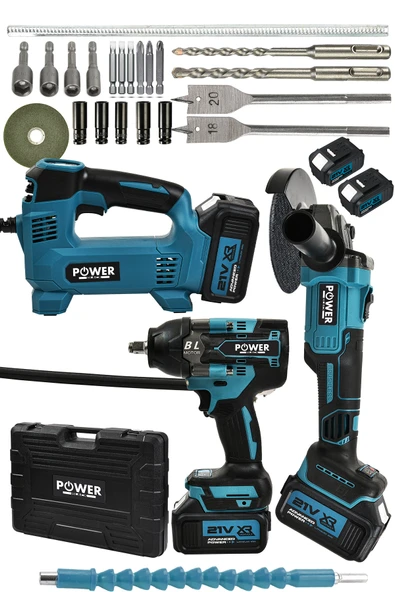 POWER BLACK 21 V 3'lü Set Hava Pompası 125mm Taşlama 800Nm Somun Sıkma Sökme MAVİ ürün görseli 1