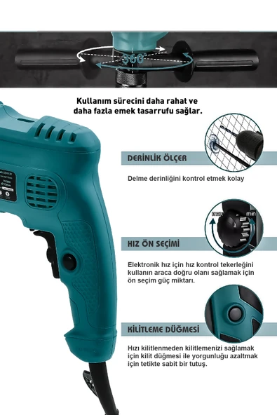 POWER BLACK 13 Mm Darbeli Germany Style 500 W Elektirikli Matkap Mavi POWERBLACK - Resim 2