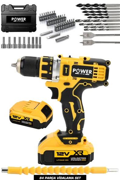 POWER BLACK 82 Parça Çelik Şanzıman Bakır Sargılı Çift Akülü Vidalama Şarjlı Matkap ürün görseli 1