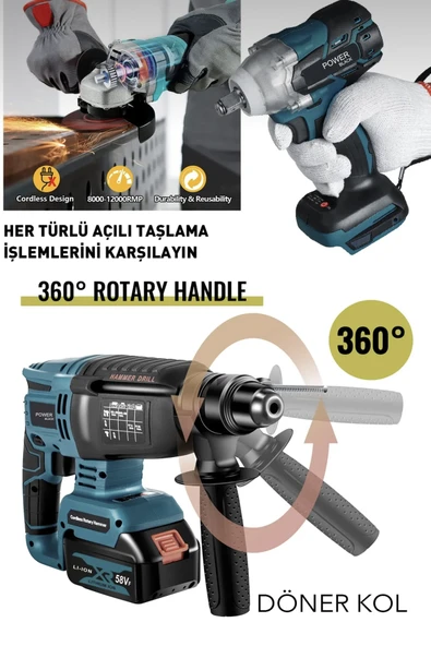 POWER BLACK Profesyonel 4'lü Set 2-26 Şarjlı Hilti-şarjlı Taşlama-13mm Şarjlı Darbeli Matkap- - Resim 2