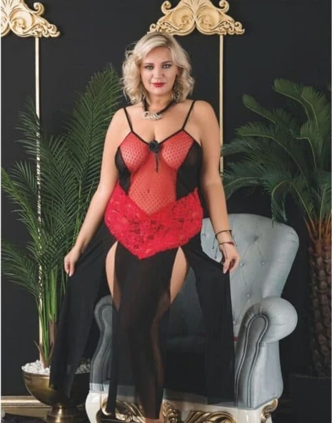 wMc Collection Büyük Beden Derin Yırtmaçlı Siyah Kırmızı Uzun Tül Gecelik ürün görseli 1