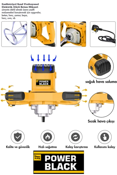 POWER BLACK Elektrikli Alçı Boya Ve Harç Karıştırıcı Mikser Sarı Renk - Resim 3
