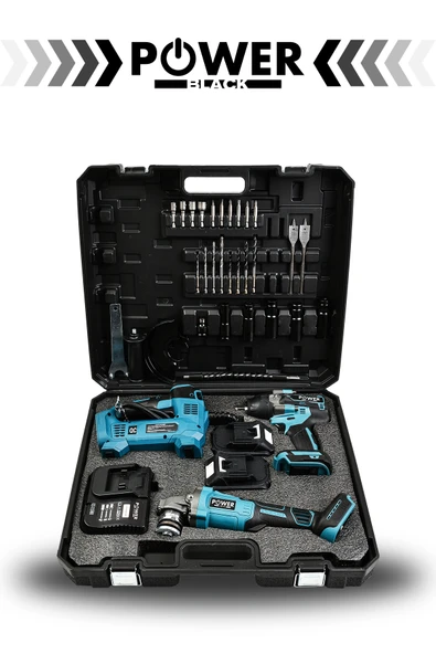 POWER BLACK 21 V 3'lü Set Hava Pompası 125mm Taşlama 800Nm Somun Sıkma Sökme MAVİ - Resim 3