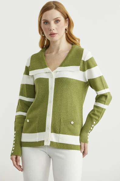 Şal Yaka Düğmeli Yün Triko Hırka - Yeşil ürün görseli 1