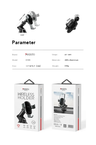 C123 15W Kablosuz Şarjlı Çift Tabanlı Araç Telefon Tutucu - Resim 7