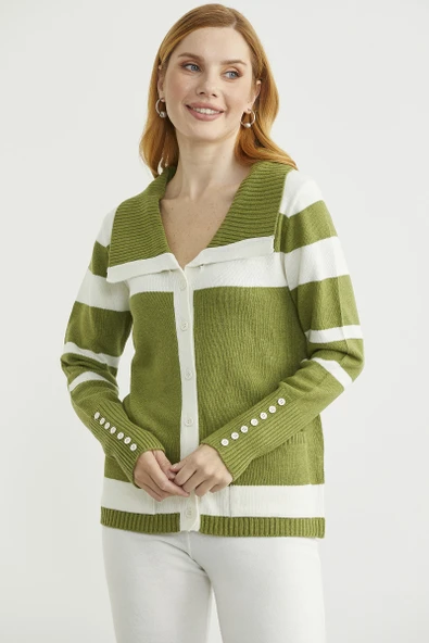 Şal Yaka Düğmeli Yün Triko Hırka - Yeşil - Resim 3
