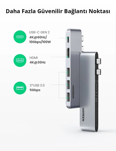 UGREEN 5-in-2 1xUSB-C Gen2 4K/60Hz/10 Gbps/ 100W, 1xHDMI 4K/30Hz, 3xUSB-A 3.0 5Gbps MacbookPro/Air için Port Çoklayıcı Hub, 60559 - Resim 3
