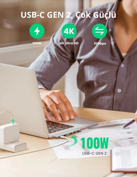 UGREEN 5-in-2 1xUSB-C Gen2 4K/60Hz/10 Gbps/ 100W, 1xHDMI 4K/30Hz, 3xUSB-A 3.0 5Gbps MacbookPro/Air için Port Çoklayıcı Hub, 60559 - Resim 5